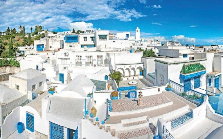 Sidi Bou Saïd, Tunisie Village méditerranéen avec maisons blanches et volets bleus sous un ciel ensoleillé.